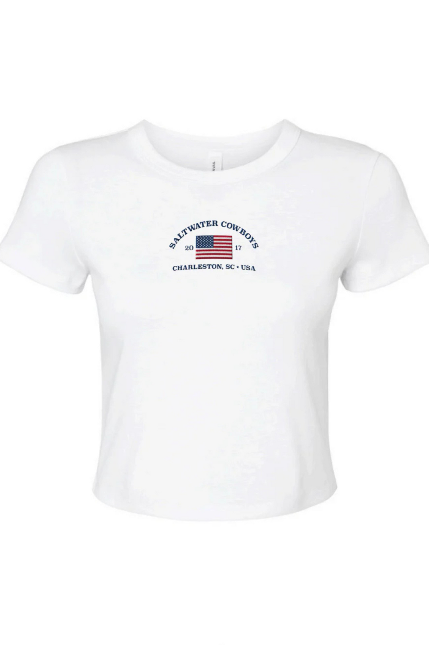 White t-shirt with a logo and text on a white background