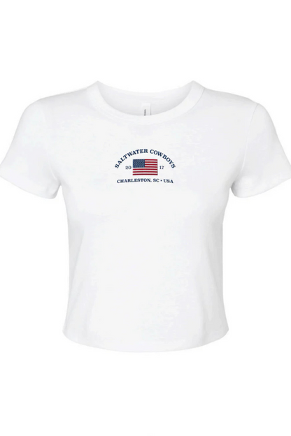 White t-shirt with a logo and text on a white background